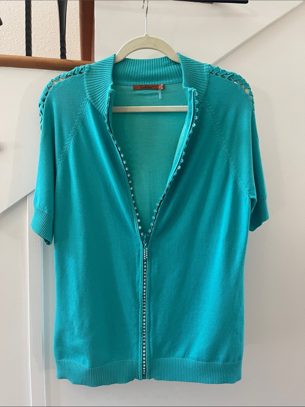 Belldini Teal Rhinestone Zip-Front Short Sleeve Sweater Size XL - Picture 4 of 16